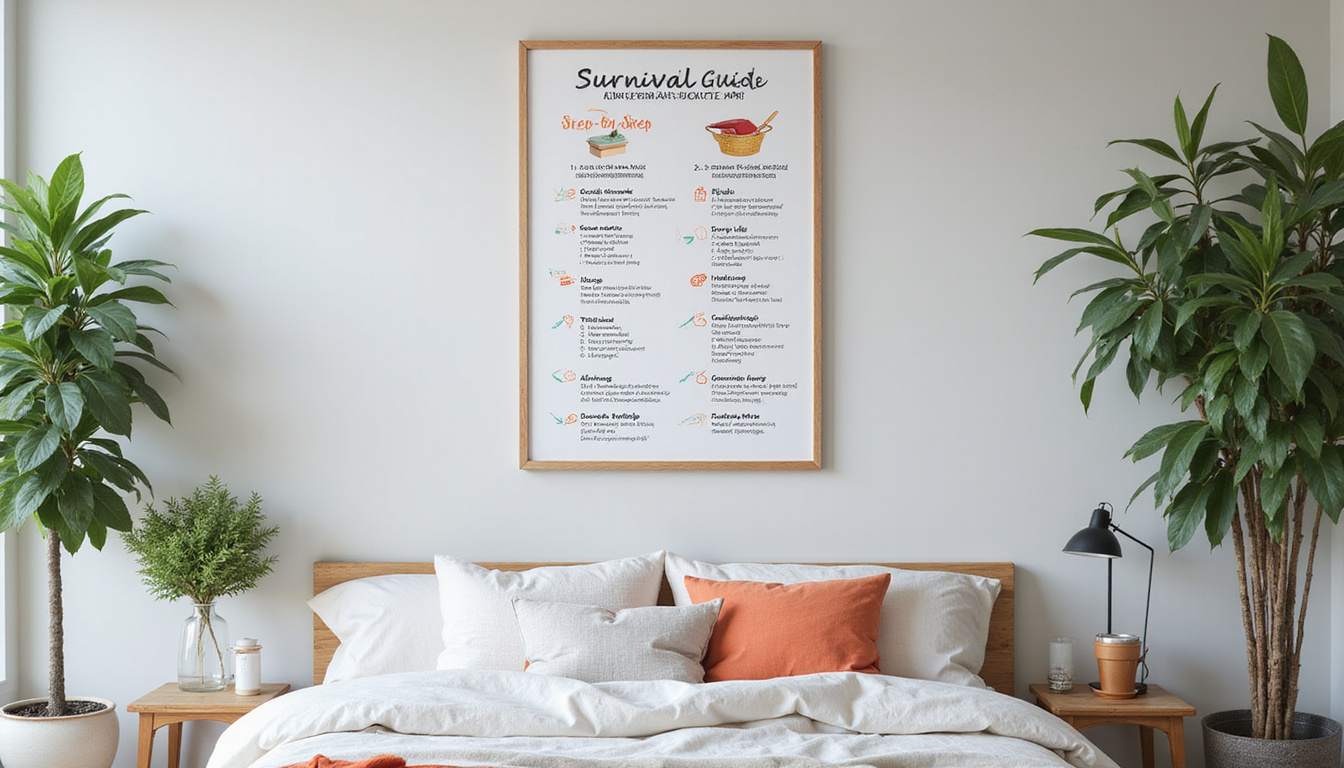  Survival guide poster above bed: step-by-step declutter checklist, donation pile, travel mug, calming plants