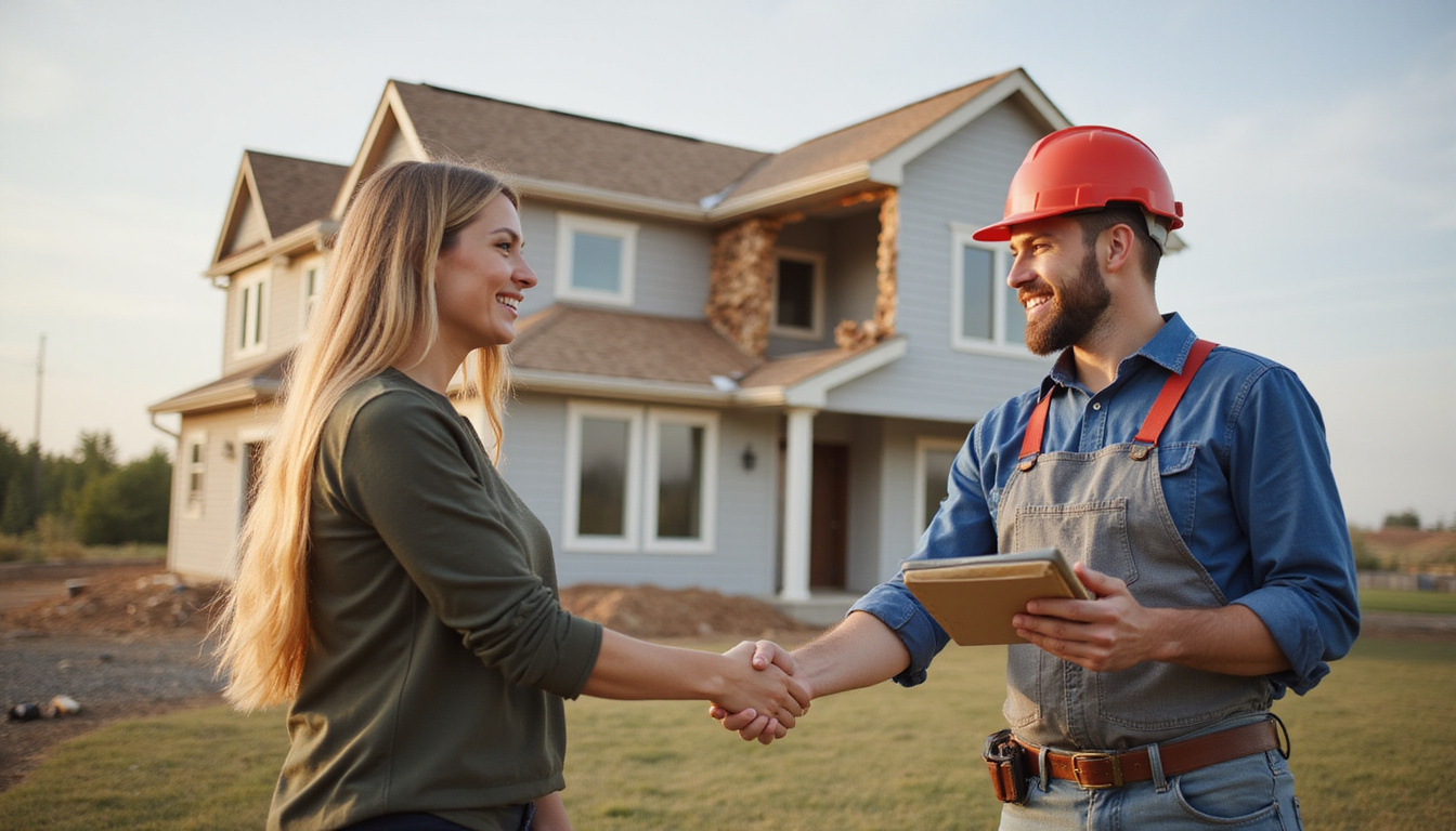  Handshake between smiling contractor and homeowner by torn-down house, cost estimate document