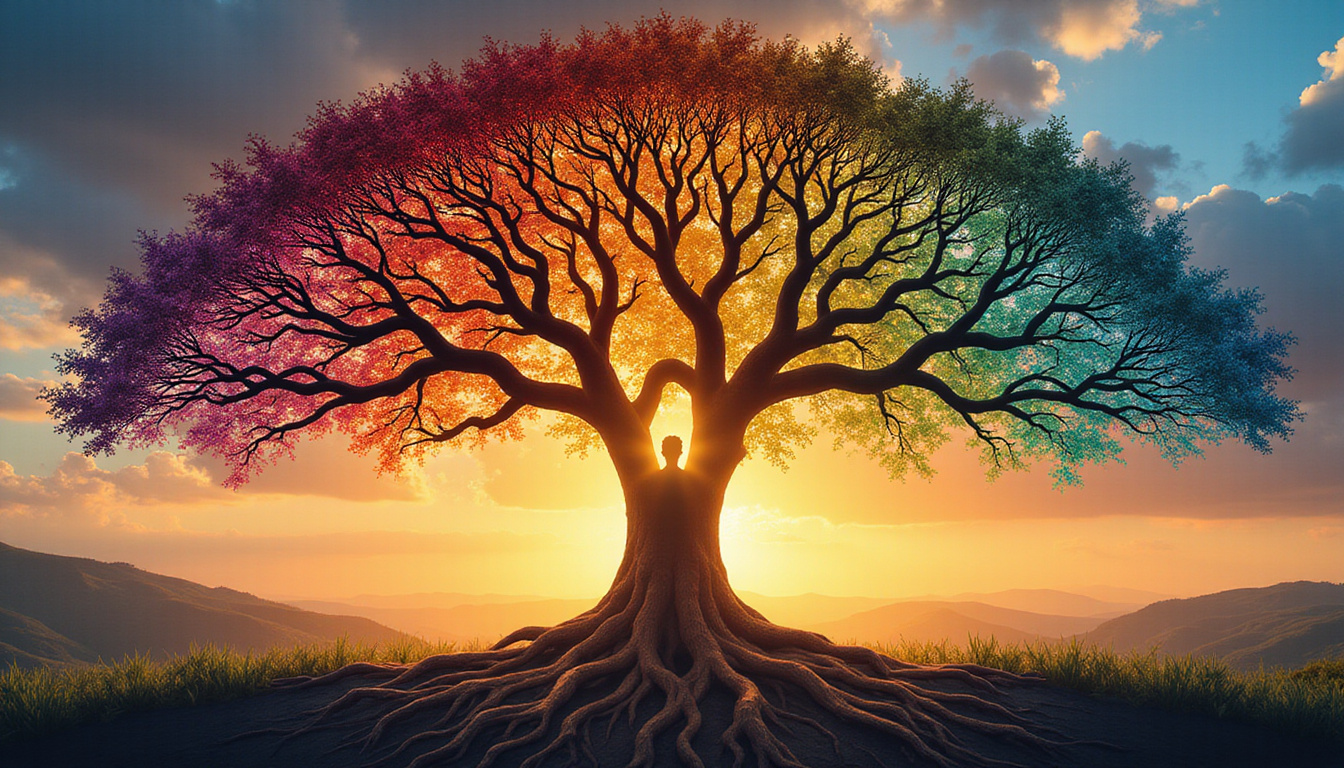 Ancient tree with human silhouette roots, open throat emitting light, symbols of purpose