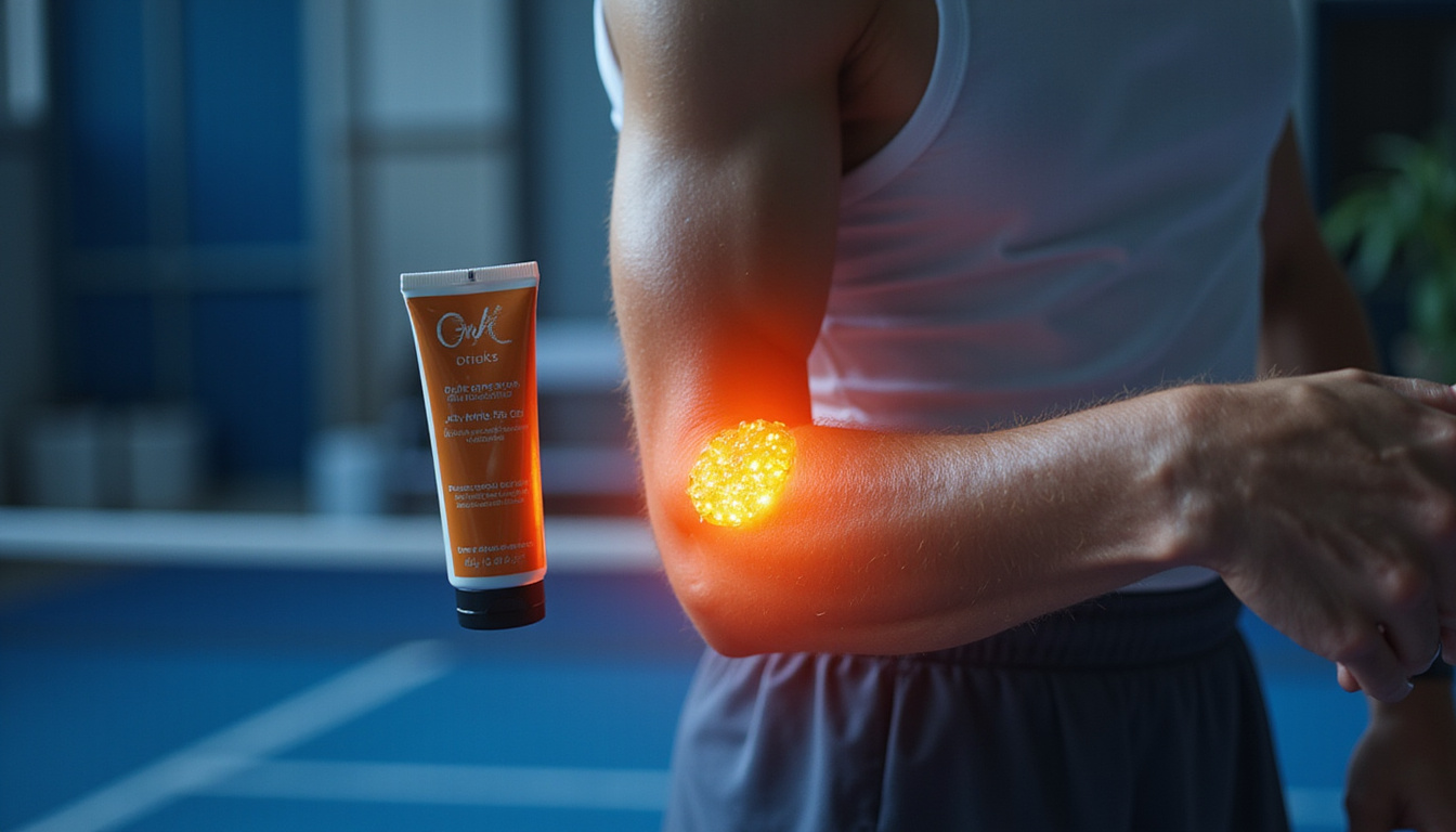  Dynamic scene: player mid-serve, glowing pain relief gel radiating warmth around elbow, branded tube