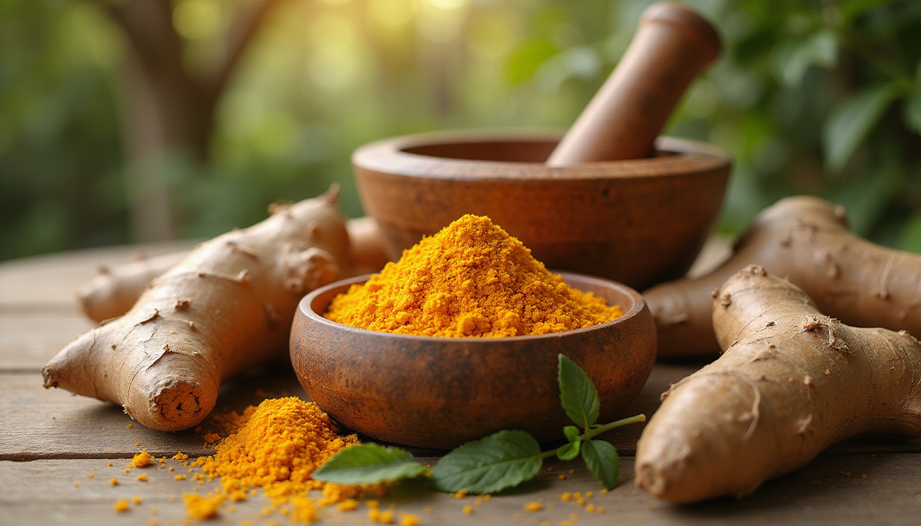  Wooden table with turmeric root, mortar and pestle, morning ritual, herbs, warm glow