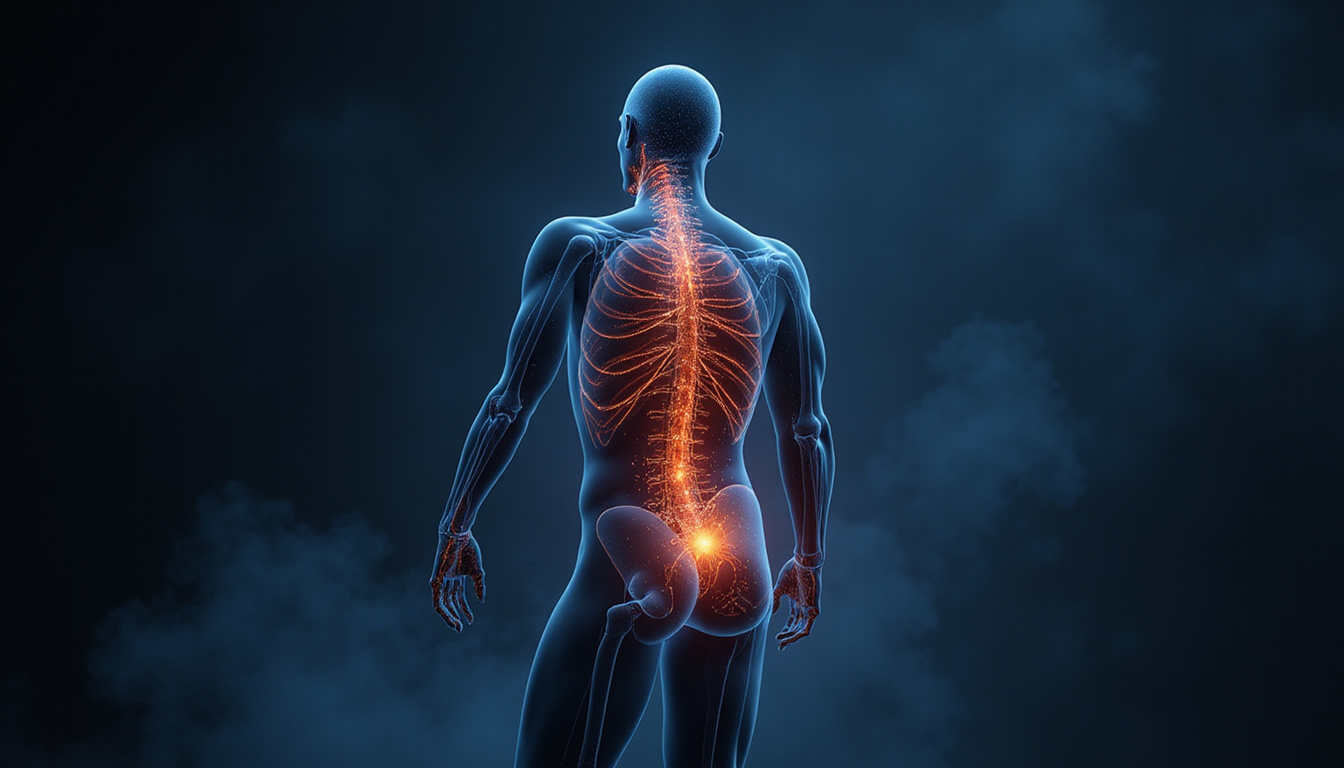  transparent male silhouette with glowing androgen receptors and damaged sperm, dramatic dark background