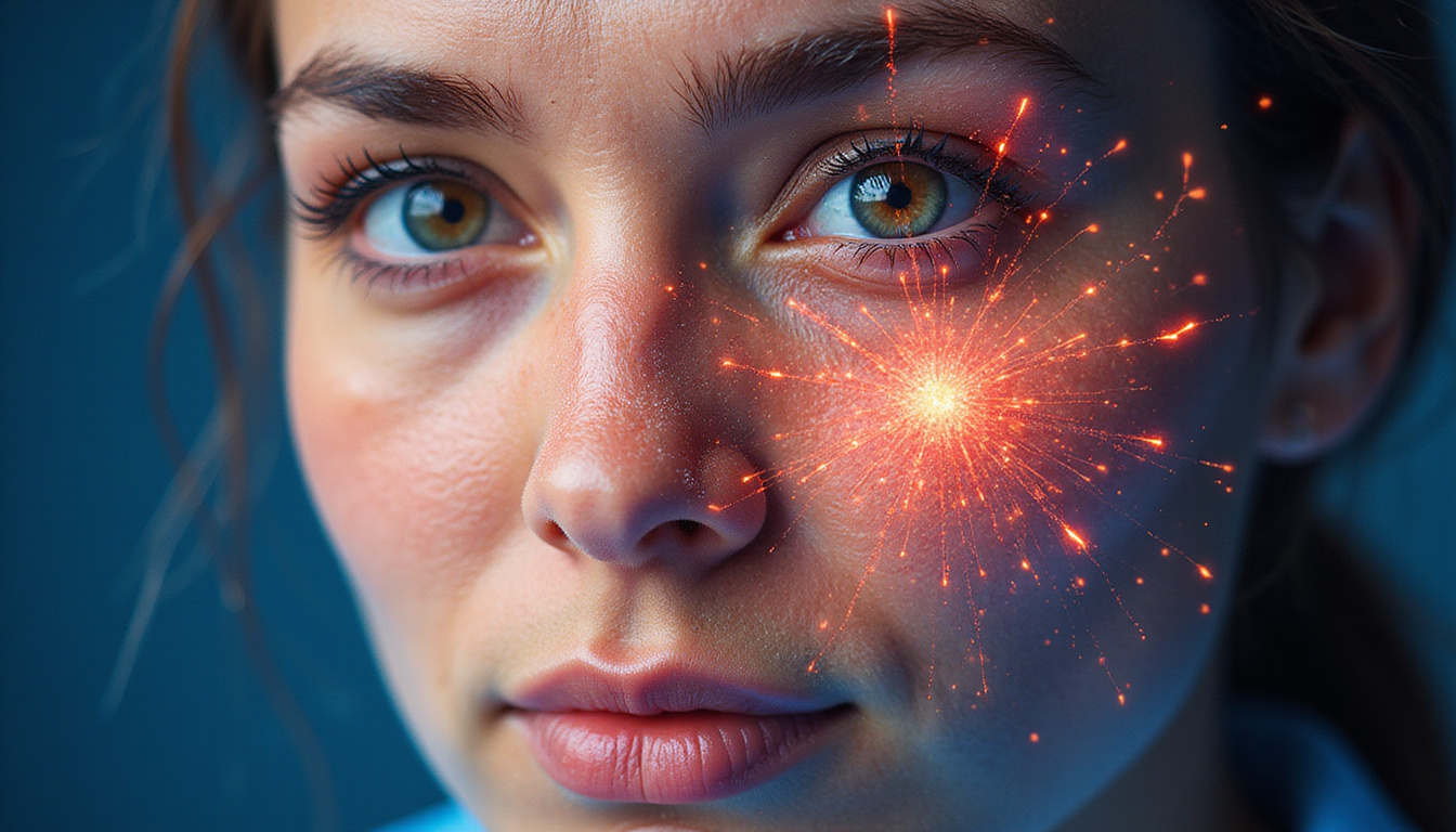  Stylized molecular structures of antiandrogen compounds overlaid on radiant face infographic, minimalist
