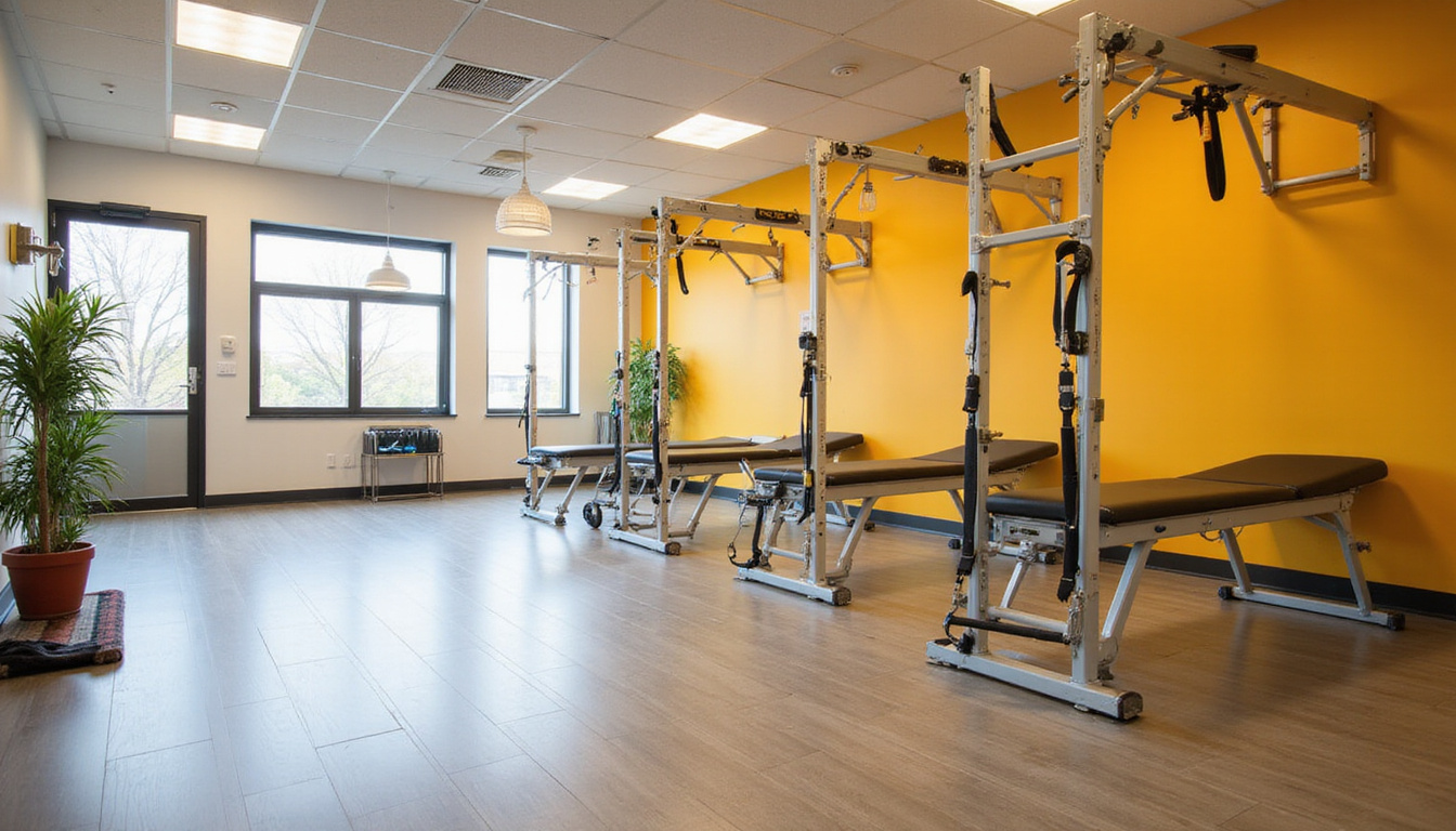  Rehabilitation room, progressive strength training, parallel bars, confident posture, scar management, warm supportive atmosphere