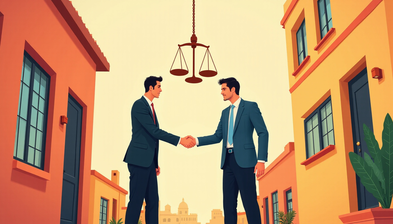  Illustration of tenant and landlord shaking hands outside Cairo apartment, scales of justice emblem overhead