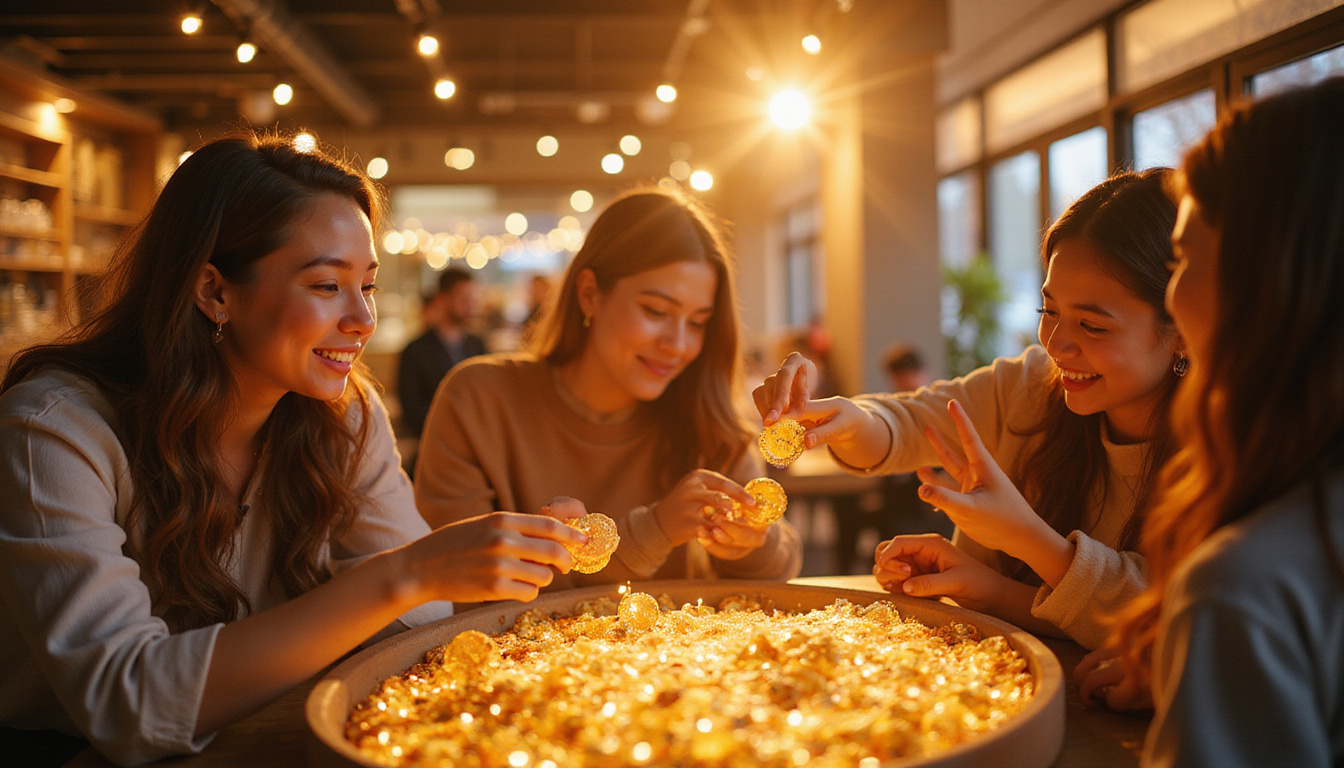 Immersive pop-up experience with AR overlays, smiling customers collecting luminous loyalty tokens, warm golden light