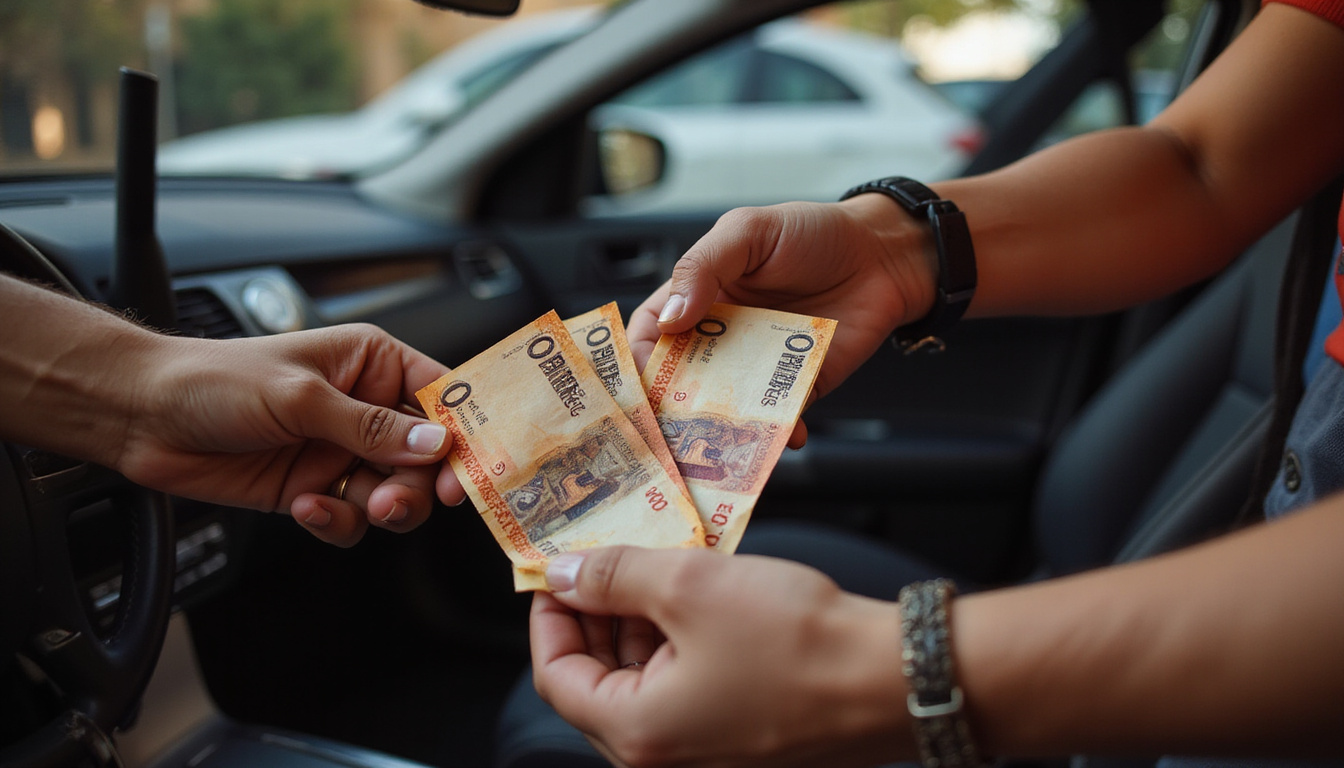Close-up of polite tip exchange, Egyptian pounds, luxury car door, Arabic signage, warm lighting