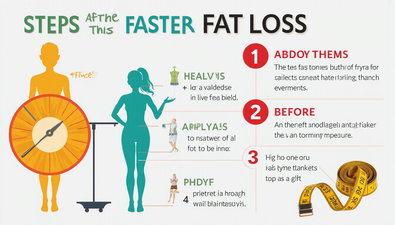 Infographic-style steps for faster fat loss, checklist, measuring tape, scale, before-after silhouettes