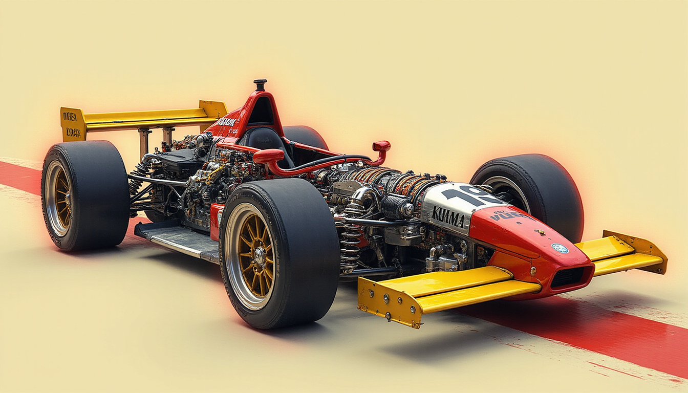  Cutaway suspended racing car revealing tuned springs, force diagrams, dynamic motion blur