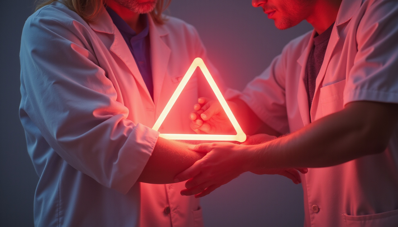  Doctor examining numb arm under red warning triangle, shadowy causes: diabetes, compression, stroke