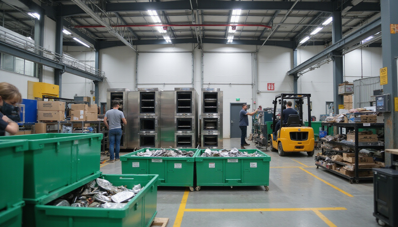  Modern warehouse team dismantling stainless-steel ovens, sorting parts into labeled green bins, forklifts