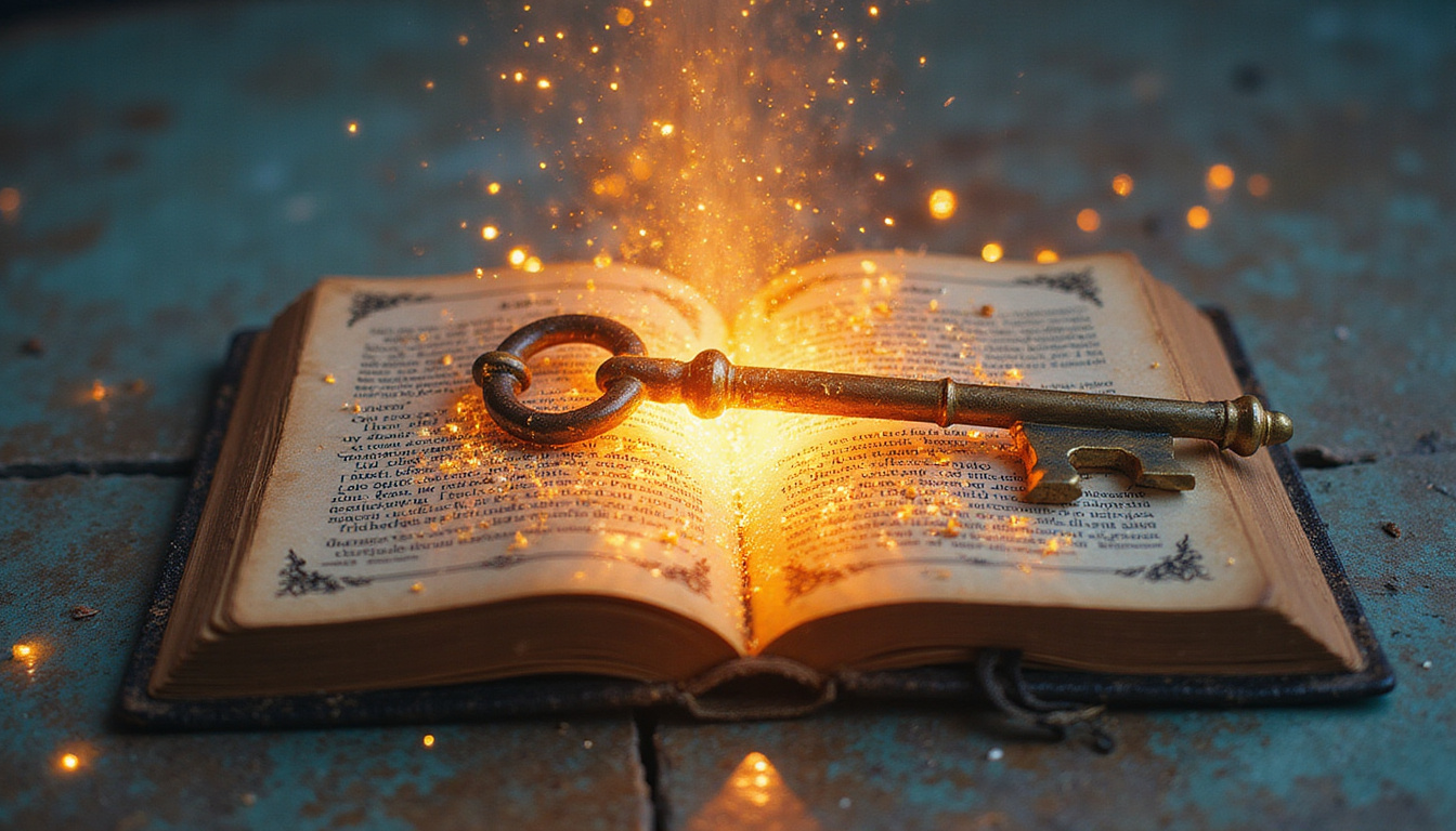 Ancient brass key unlocking glowing journal, luminescent symbols spilling, sunrise watercolor, serene studio vibe