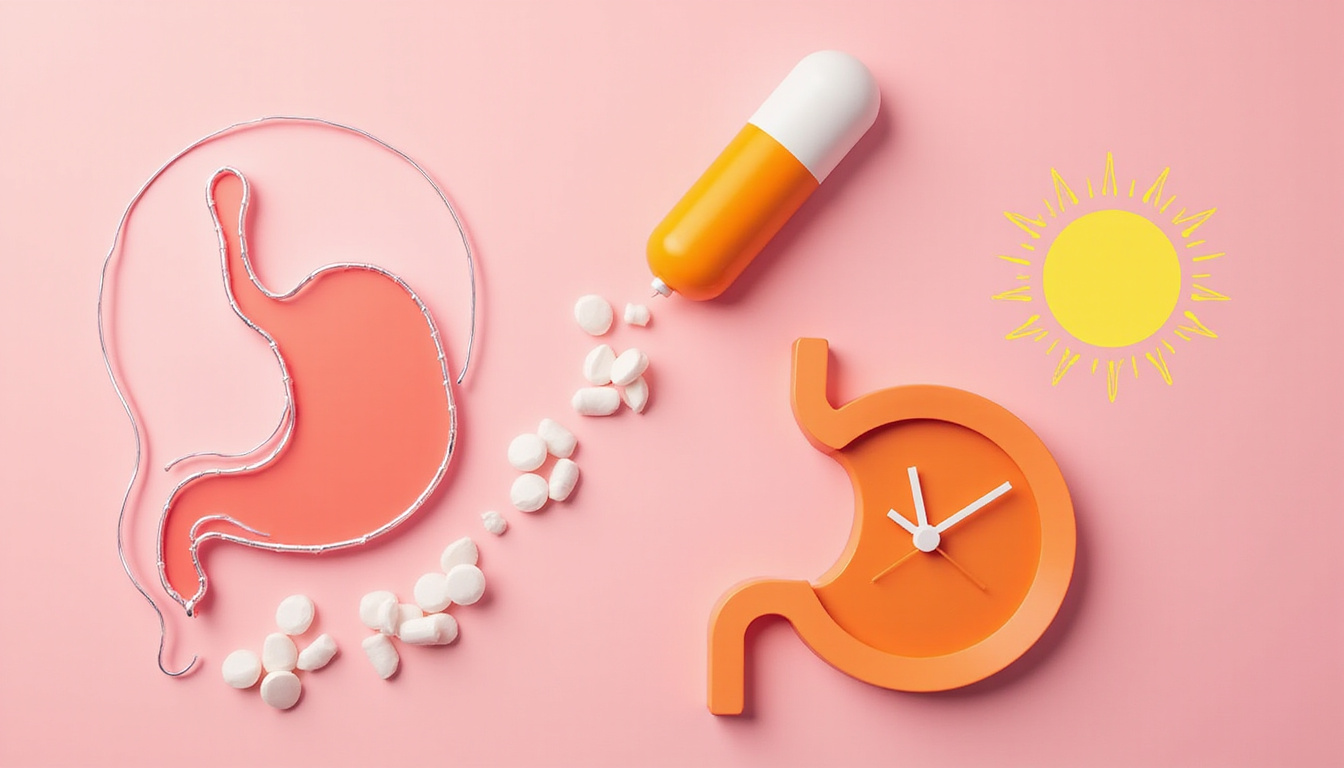  Medical infographic style: calcium tablet dissolving above stomach outline, clock, vitamin D sun