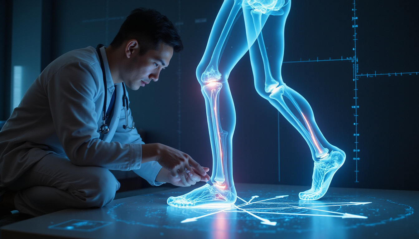  clinician studying gait on holographic screen highlighting joint stress, arrows, measurements, clinical biomechanical secrets