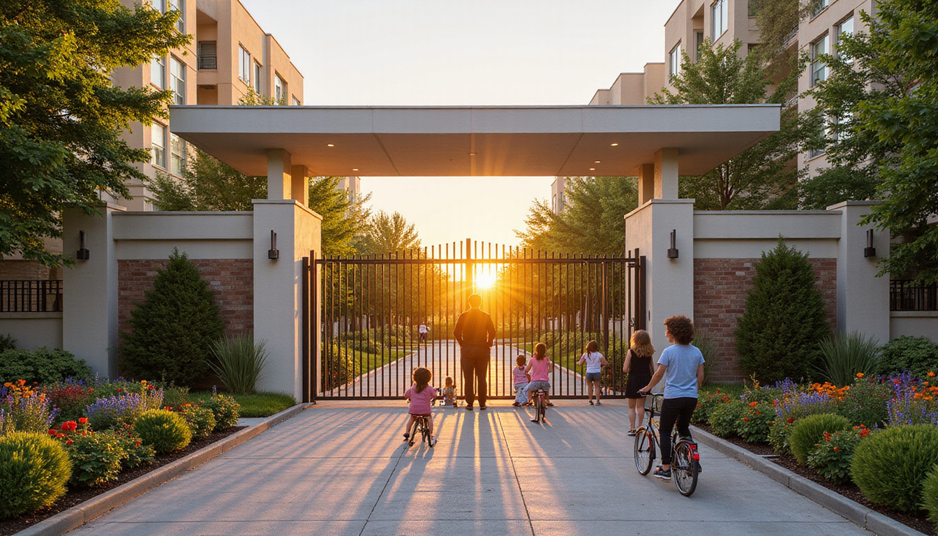  Gated community entrance, security guard, communal garden, children biking, sunset warm tones