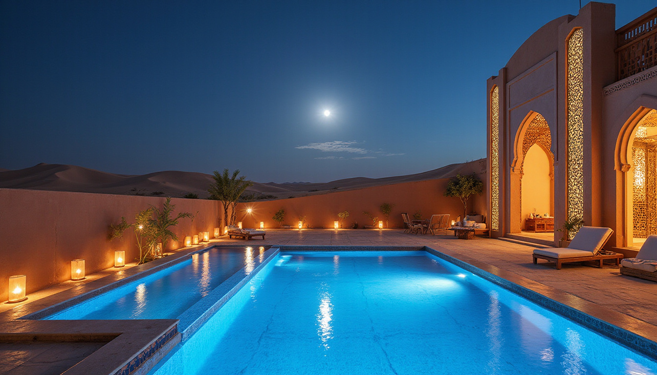  Opulent desert penthouse with infinity pool, Arabic mashrabiya screens, moonlit sand dunes