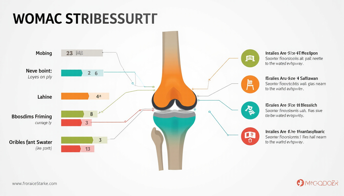  Medical infographic of knee joint with colored WOMAC score chart, simple icons, clean minimalist design