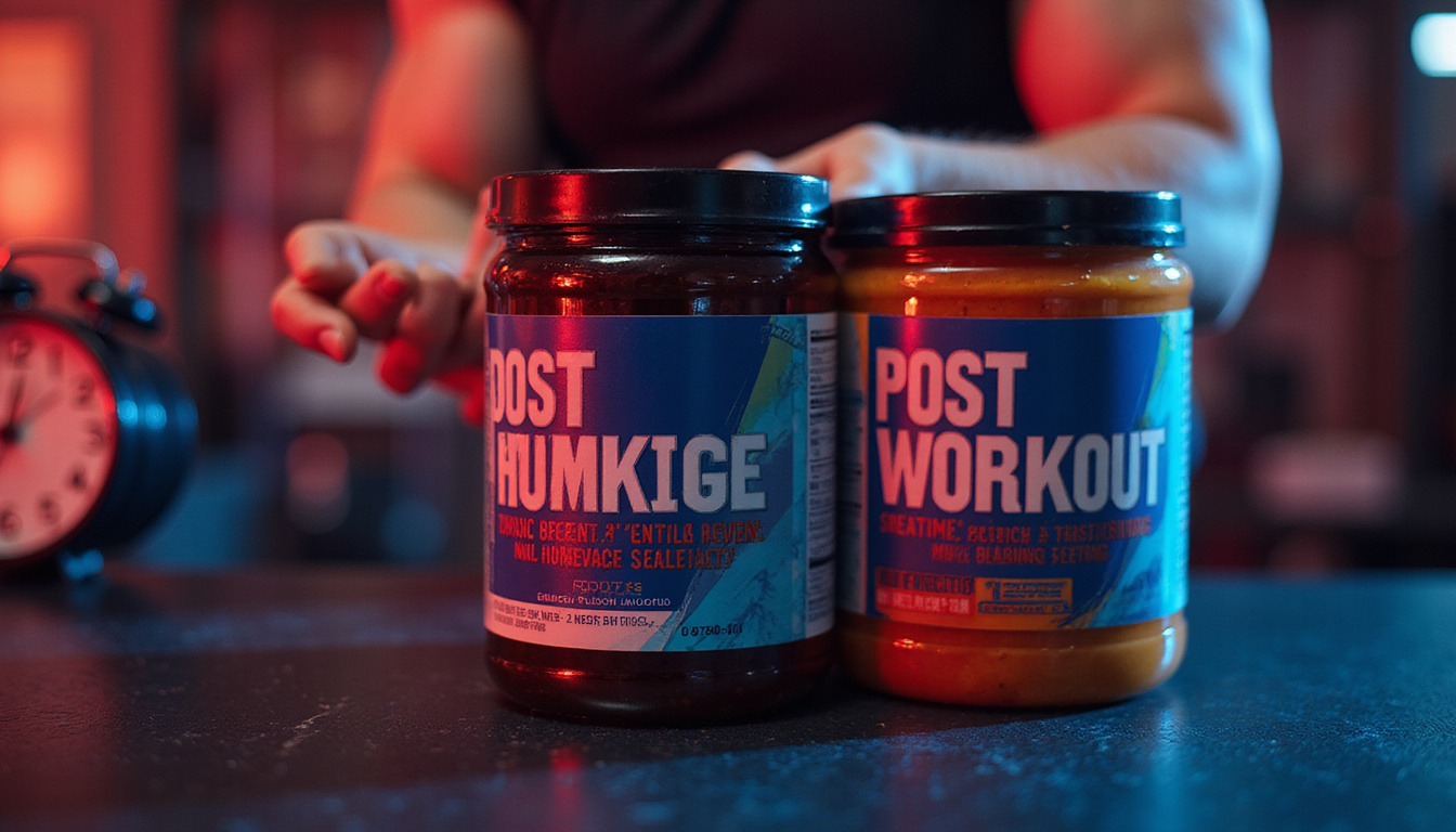  Close-up hands holding supplement jar labeled post-workout, stopwatch, anabolic light, vibrant color