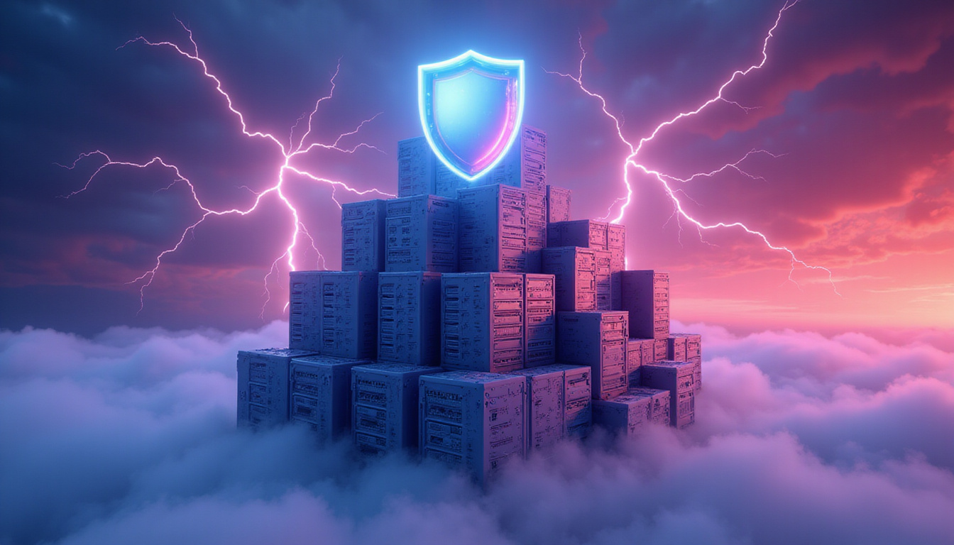  business fortress built of stacked servers and documents, protective shield deflecting lightning bolts