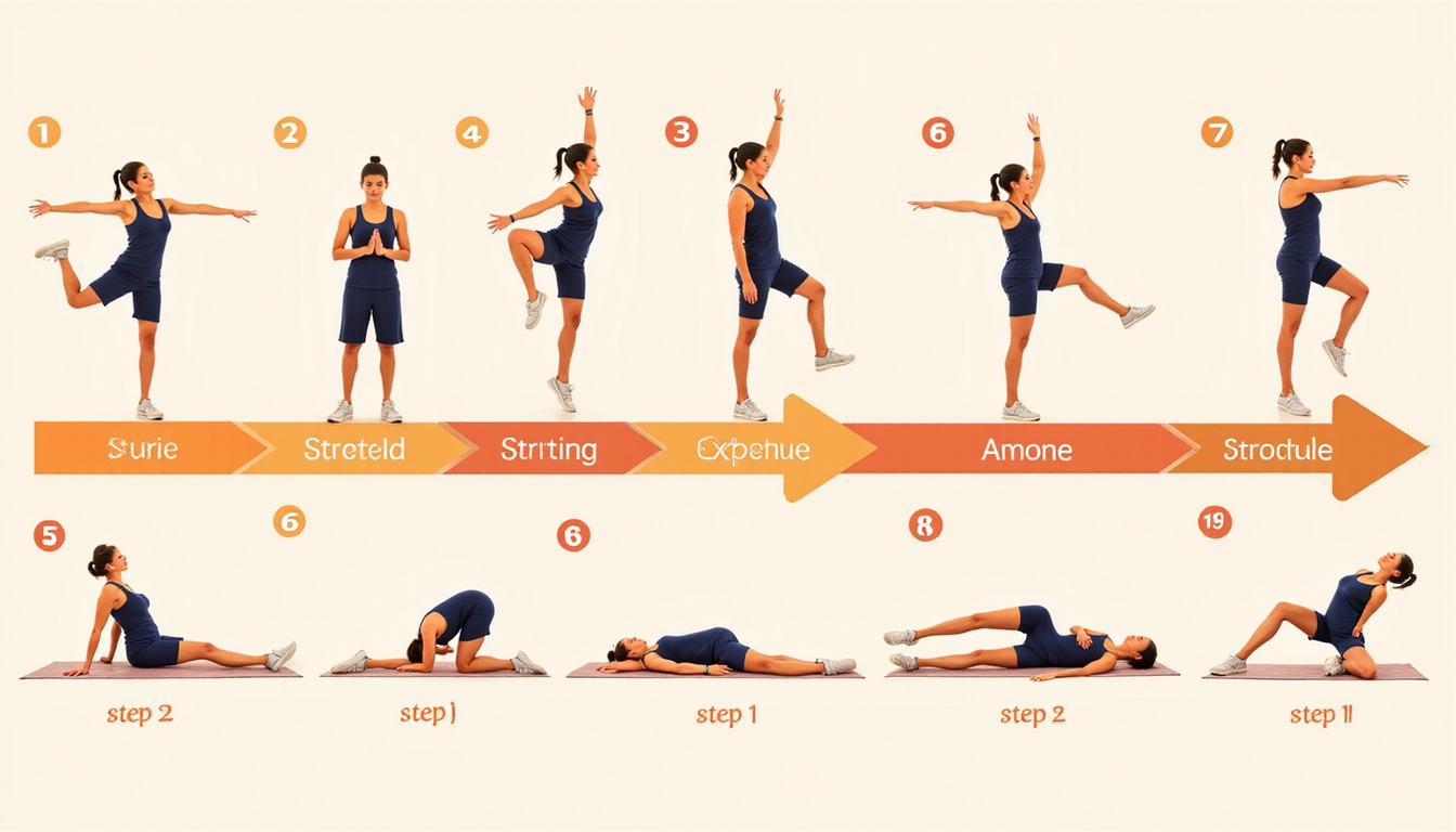  Infographic sequence of ten simple stretches, arrows, warm color palette, step-by-step clarity