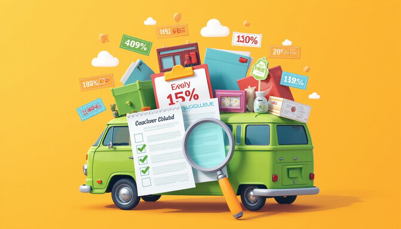  magnifying glass revealing hidden discount coupons on cluttered items, stress-free checklist, bright green van