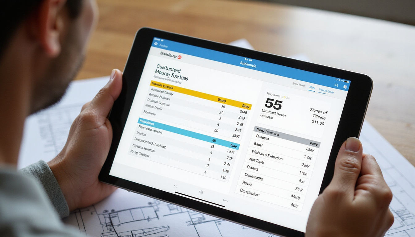  Tablet displaying detailed estimate, calculator, blueprint, color-coded checklist, handshake between contractor and homeowner