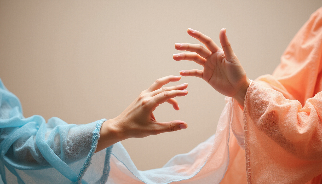 Close-up hands practicing qigong, flowing energy ribbons, yin-yang calligraphy, minimalist serene palette