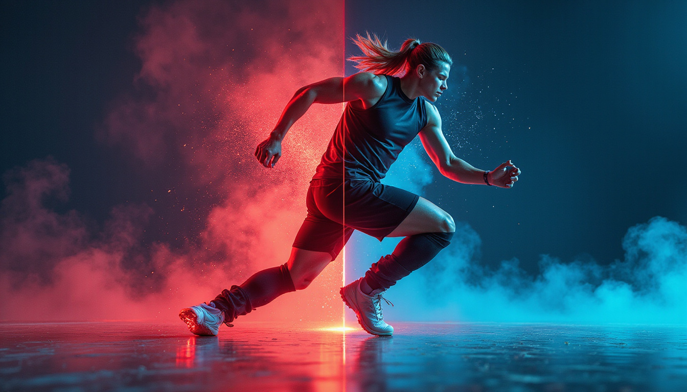  Split-screen athlete before after adjustment, grounded footwork, explosive follow-through, glowing accuracy path