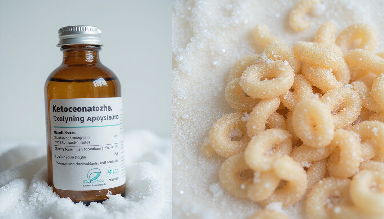  Clinical bottle labeled Ketoconazole, frothy lather, microscopic fungal cells dissolving, healthy hair strands