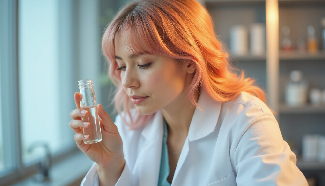  Before and after female hair regrowth, vibrant healthy strands, scientist holding vial, soft natural light
