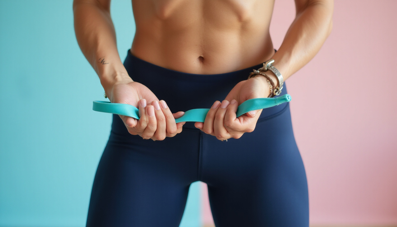  Close-up of hands and resistance band demonstrating gentle hip stretch, calming colors, rehabilitative setting