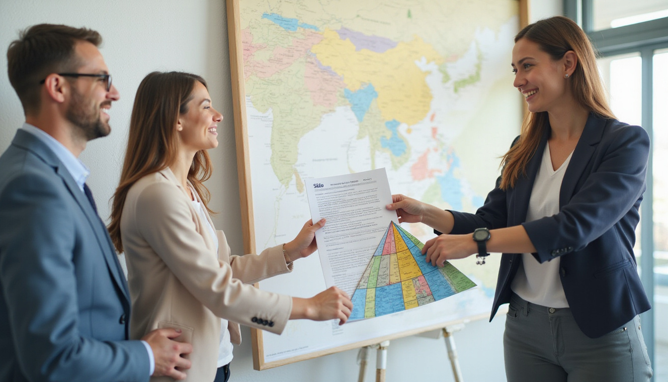  Real estate agent handing contract to smiling buyers next to pyramid map, motion blur suggesting speed