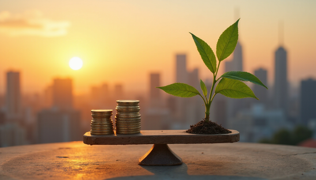 Scales balancing coins and flourishing plant against city skyline, cinematic sunset, high detail