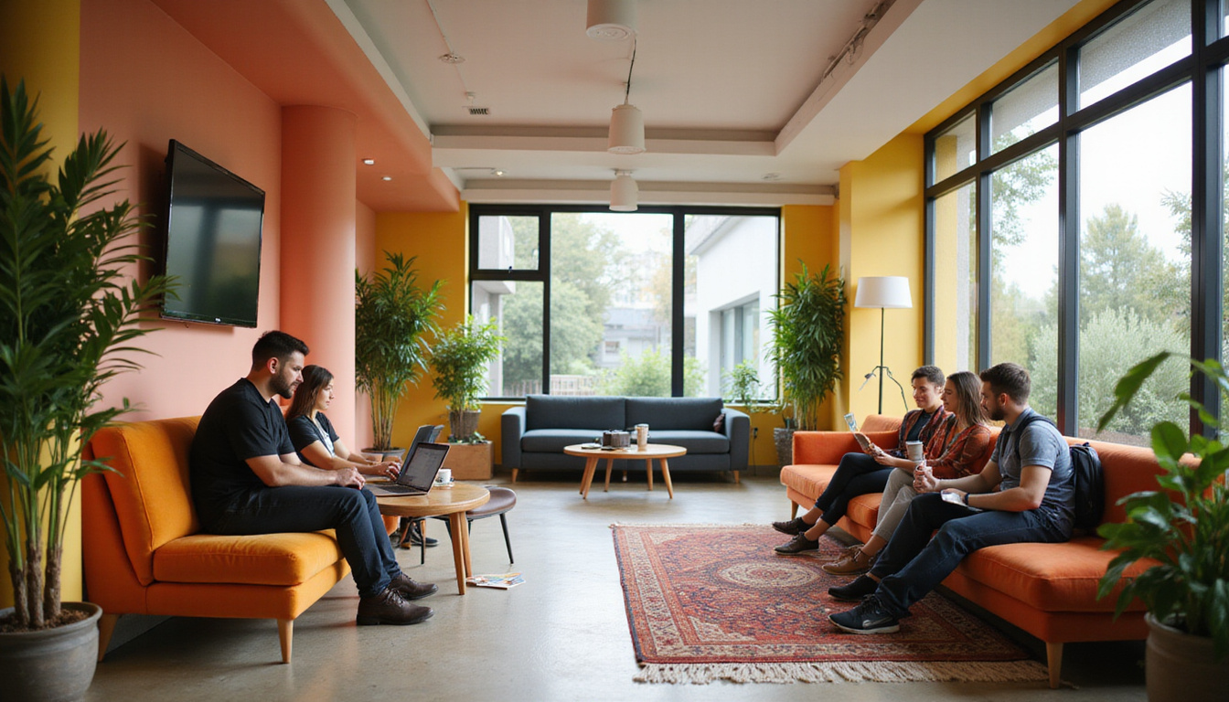Contemporary budget hotel lobby with business travelers, laptops, coffee, minimal design, warm lighting