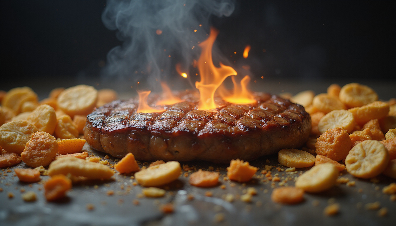  Surreal scale balancing glowing protein steak against overflowing snacks, soft cinematic depth