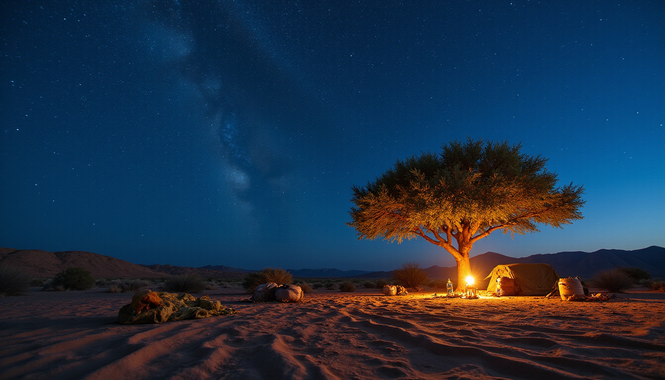  Makeshift shelter under sparse acacia tree, desert night sky, lantern glow, survival gear scattered