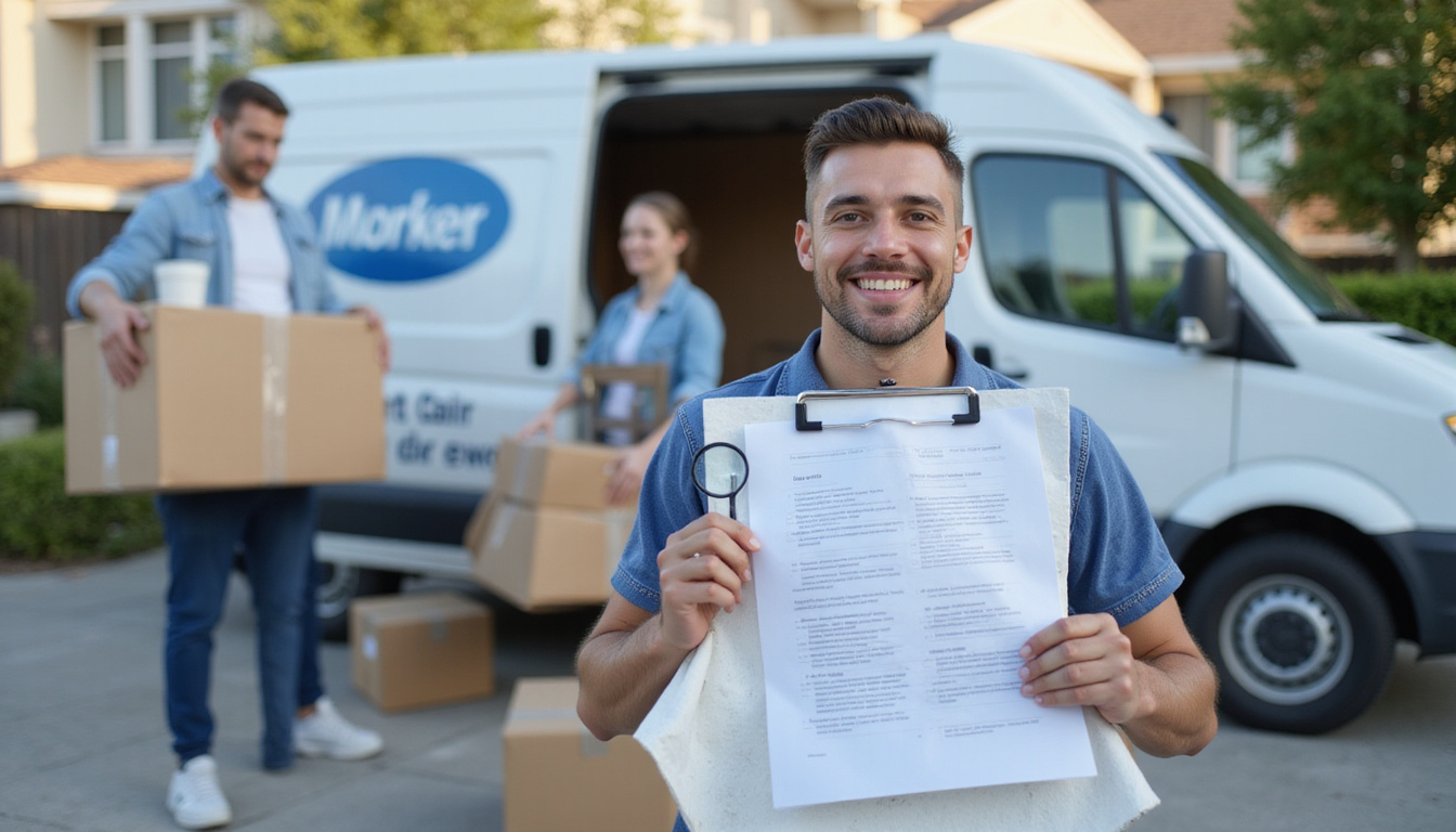 Checklist, magnifying glass over contract, smiling mover, calculator, map route, affordable tag