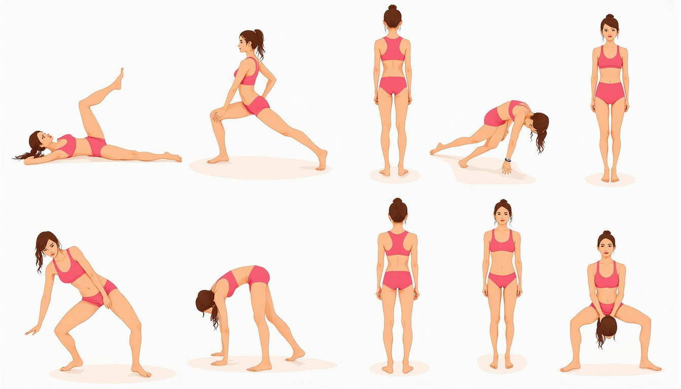 Illustration of eight progressive hamstring stretches, step-by-step silhouettes, soft pastel instructional poster
