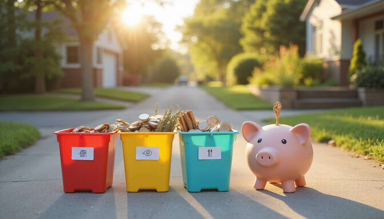  Neat labeled bins, homeowner depositing correct items, piggy bank saving coins, sunlit driveway