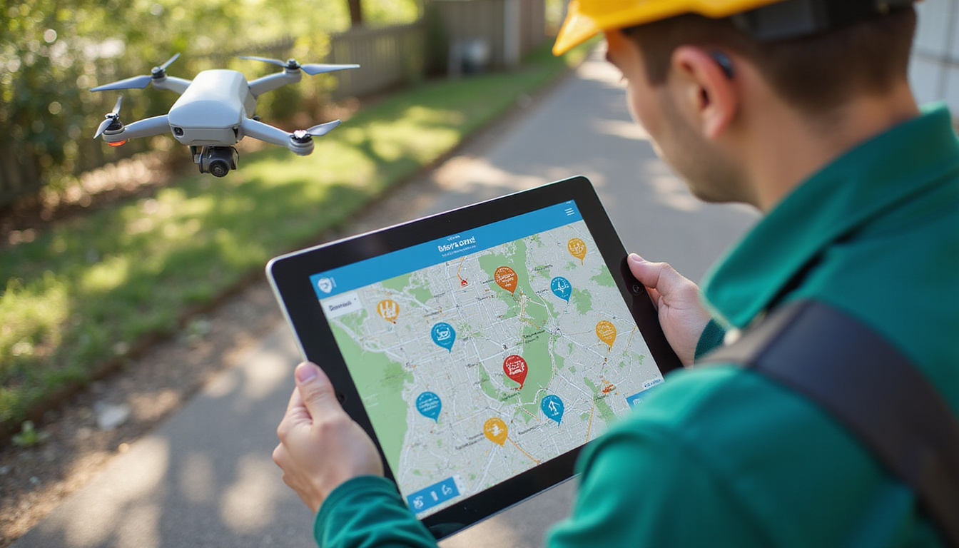  property manager with tablet directing crew and drone mapping debris hotspots, recycling icons overlay