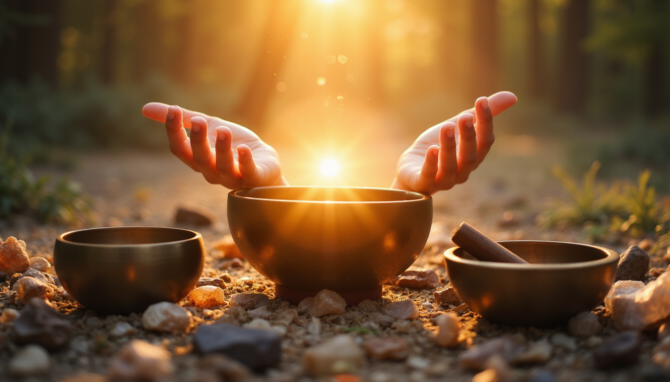  Hands channeling luminous energy, vibrating sound bowls, floating crystals, misty forest clearing at sunrise