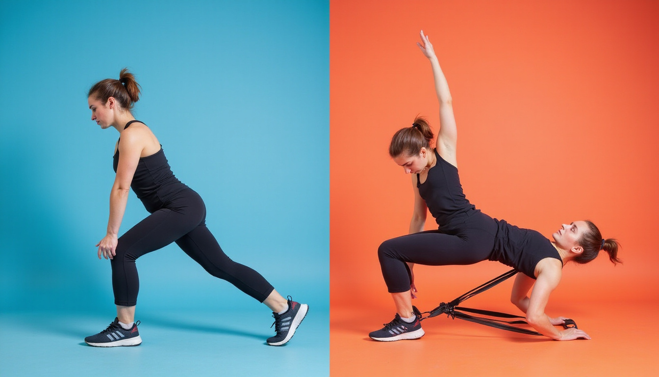  Split-screen sports-physio scene showing brace, resistance-band glute activation, reduced joint strain, warm tones