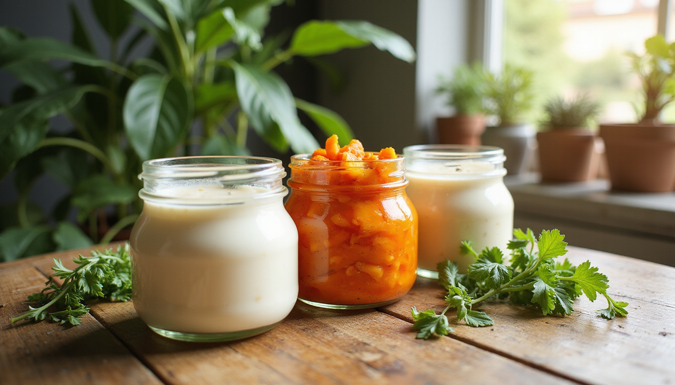  Rustic wooden table with jars of yogurt, kefir, kimchi, fresh herbs, bright morning light