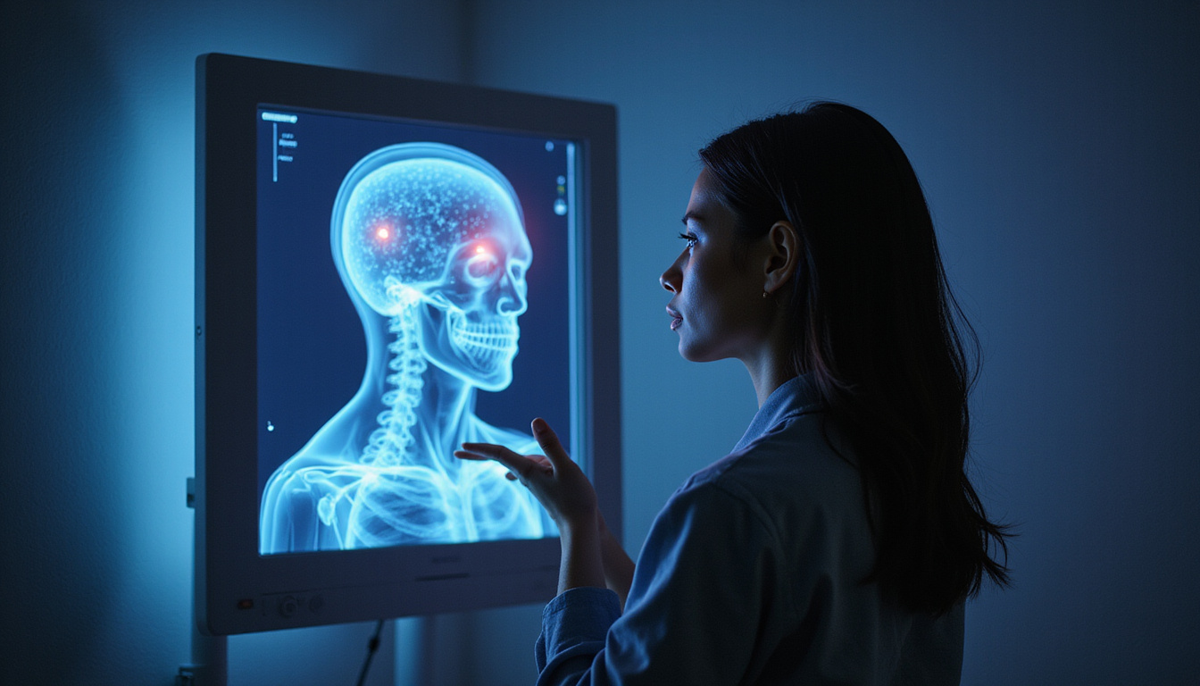  Patient silhouette viewing holographic hair diagnostics, predictive graphs, soft clinical lighting