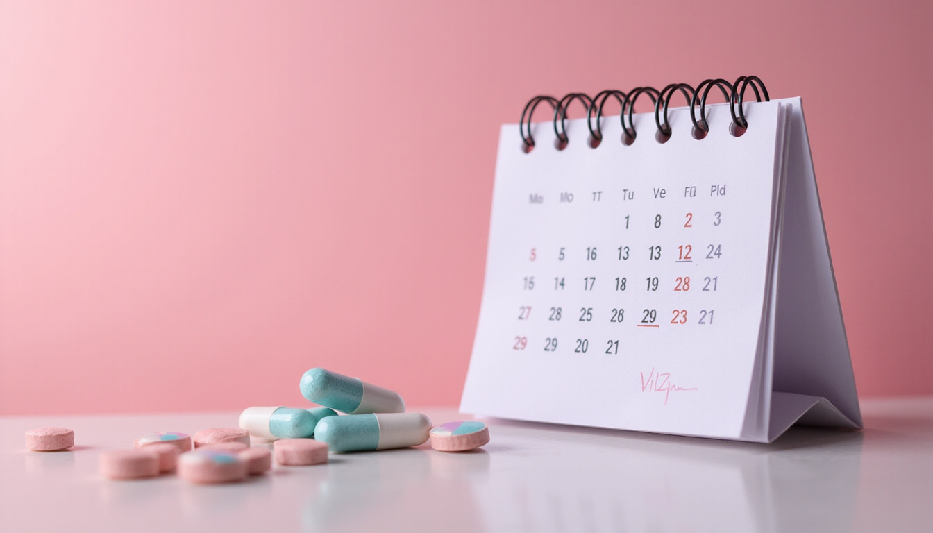  close-up of HRT pills, calendar marked menopause appointments, pastel tones, reflective surface