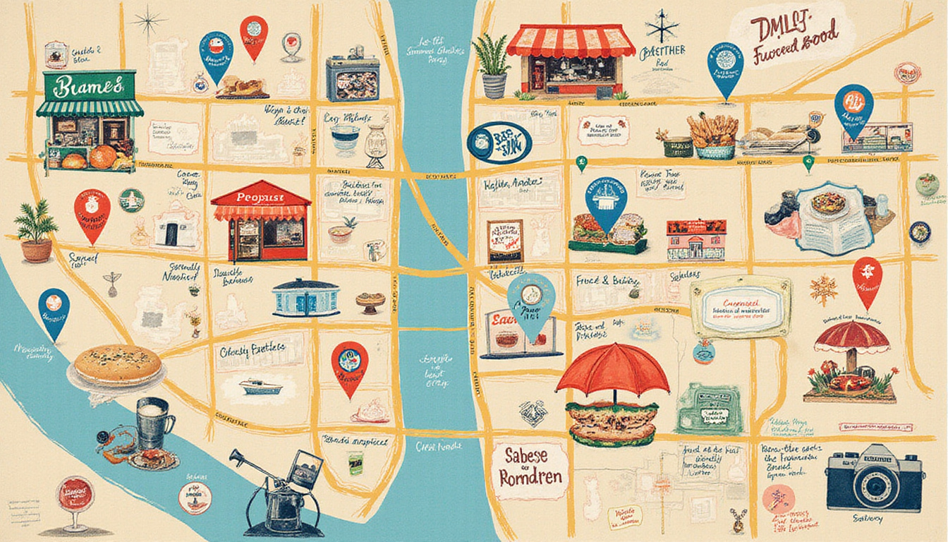 Illustrated neighborhood map collage, hand-drawn pins, local eateries, vintage camera, warm pastel palette