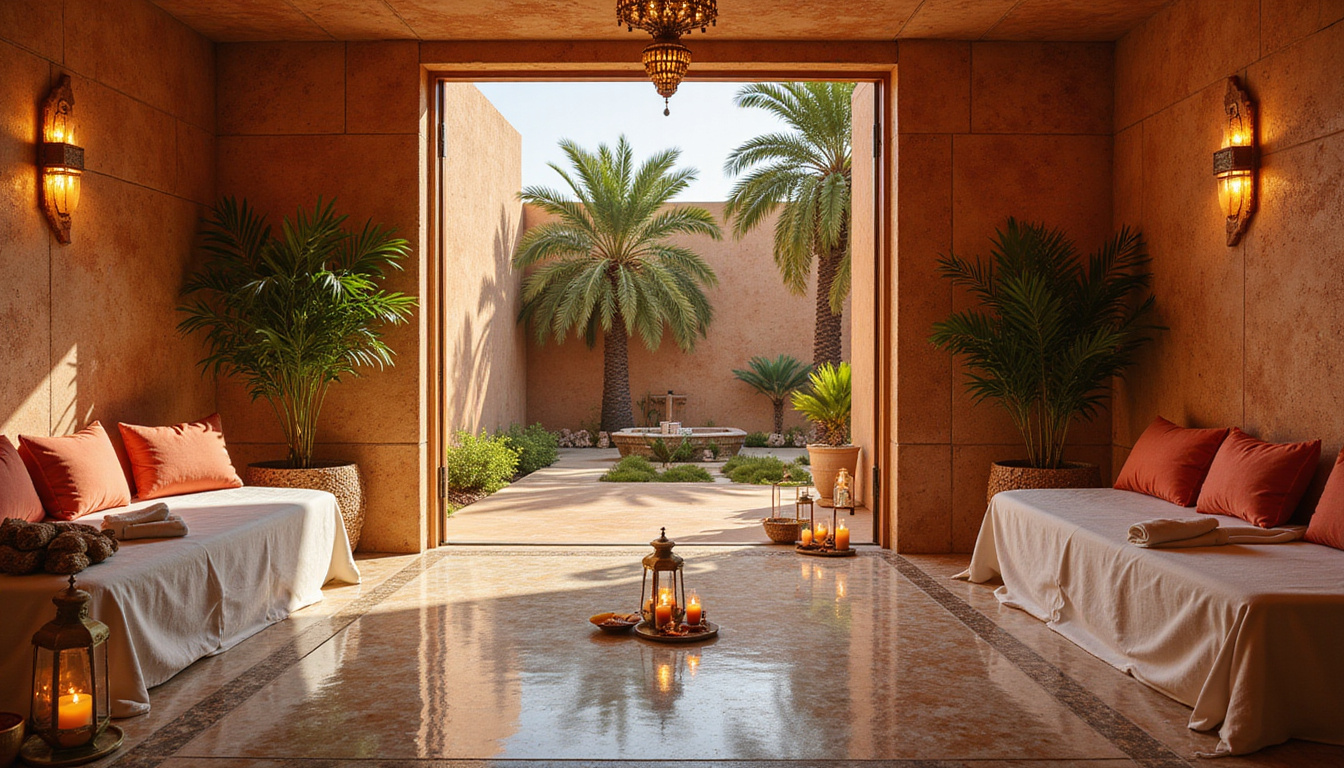 Ornate marble hammam, flickering brass lanterns, aromatic oils, plush linens, palm-framed desert oasis