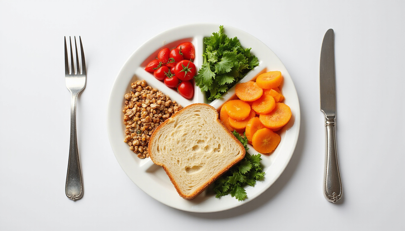  Infographic style plate divided into protein, fiber, vegetables; crossed-out bread, vivid colors
