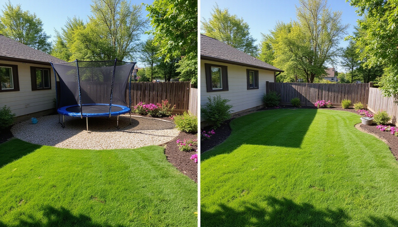  Before-and-after yard transformation showing removed trampoline, fresh sod being laid, blooming garden beds, bright afternoon