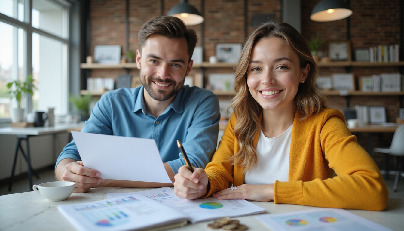  Confident taxpayer reviewing donation tax guide, graphs, coins, satisfied smile, modern office